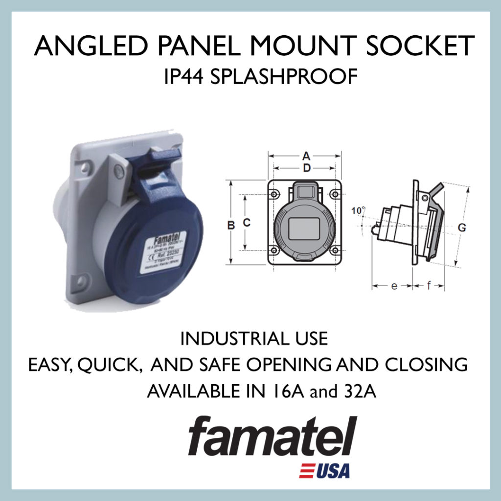 Angled Panel Mount Socket IP44 - Splash proof