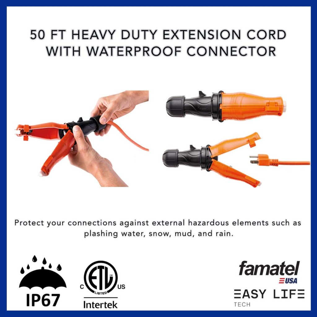 50 ft heavy duty extension cord with waterproof connector