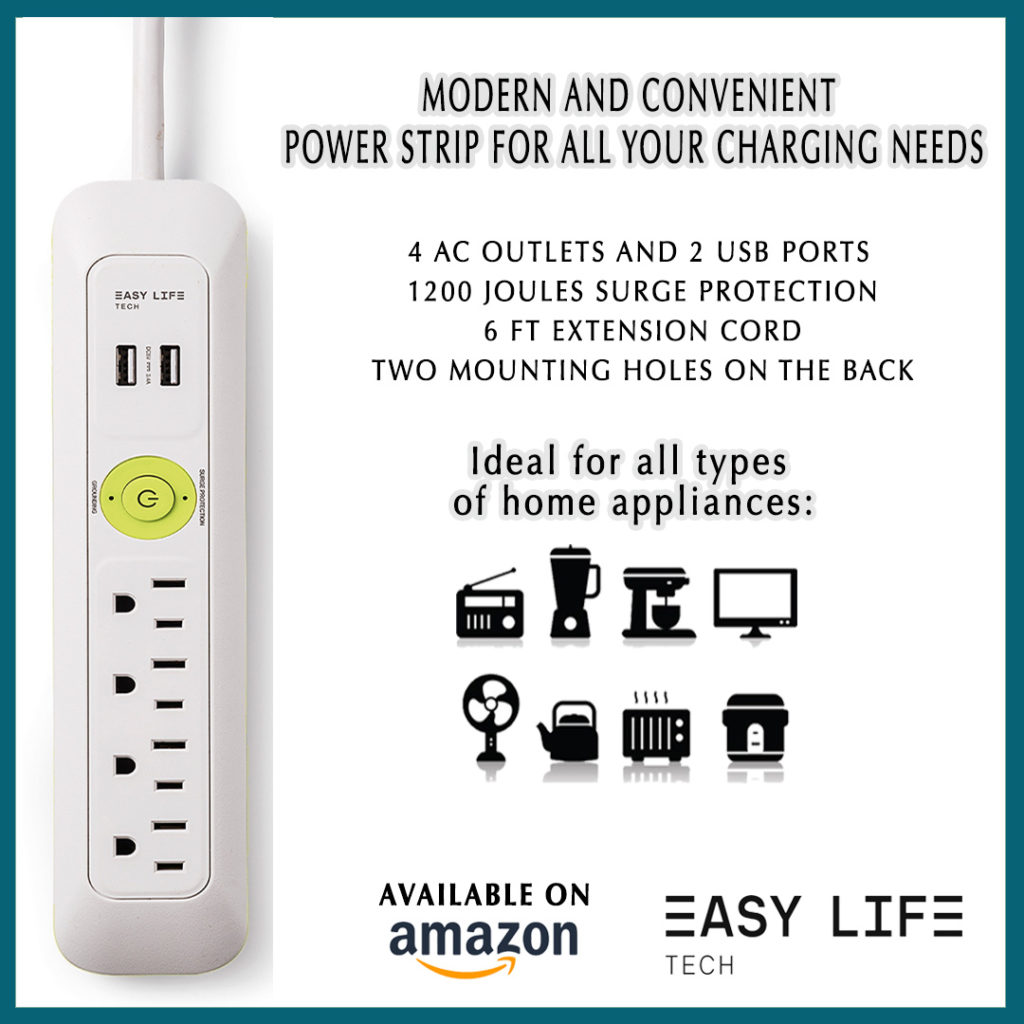 Modern and Convenient Power Strip, 4 AC Outlets and 2 USB Ports