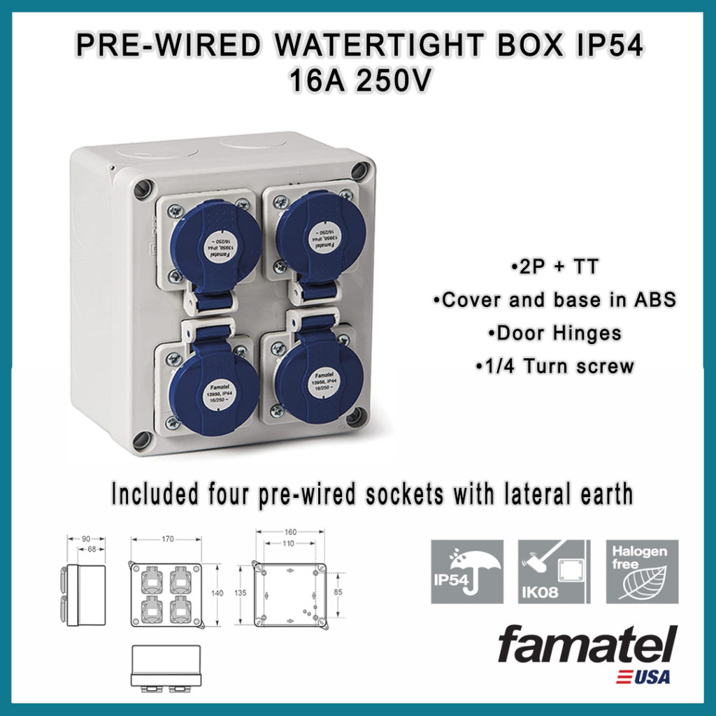 Pre-Wired Watertight Box IP54, simple and quick installation.