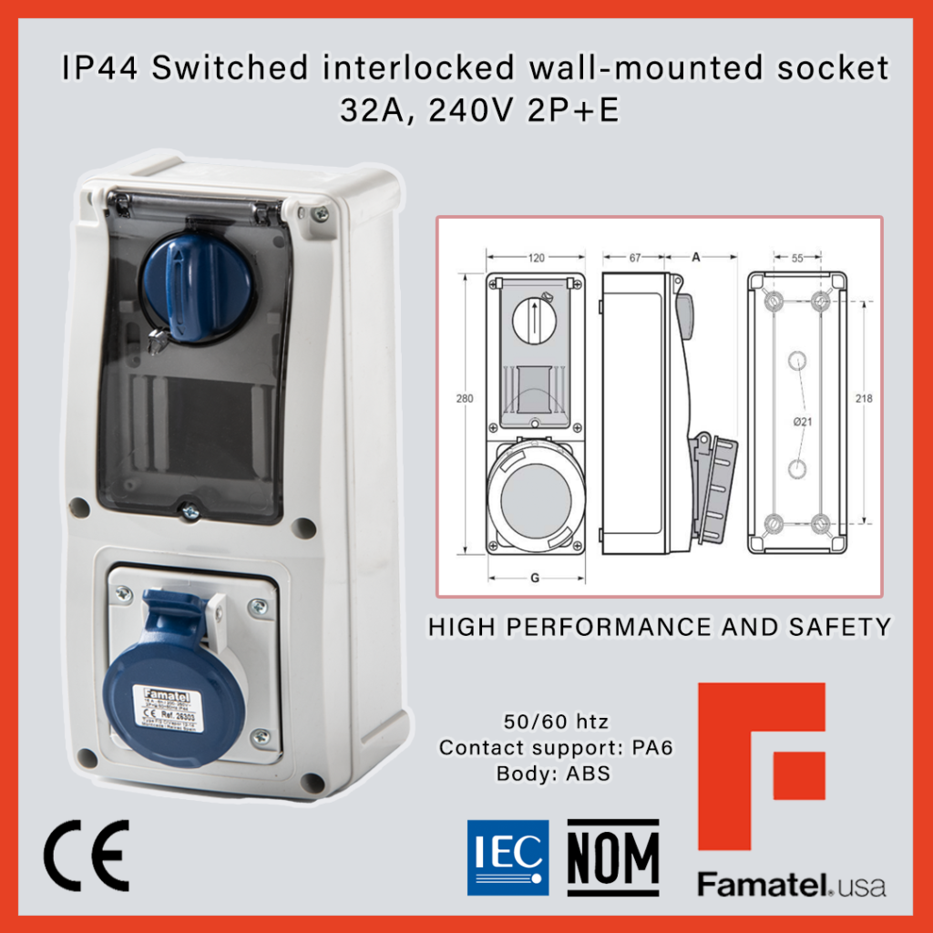 IP44 Switched interlocked wall-mounted socket