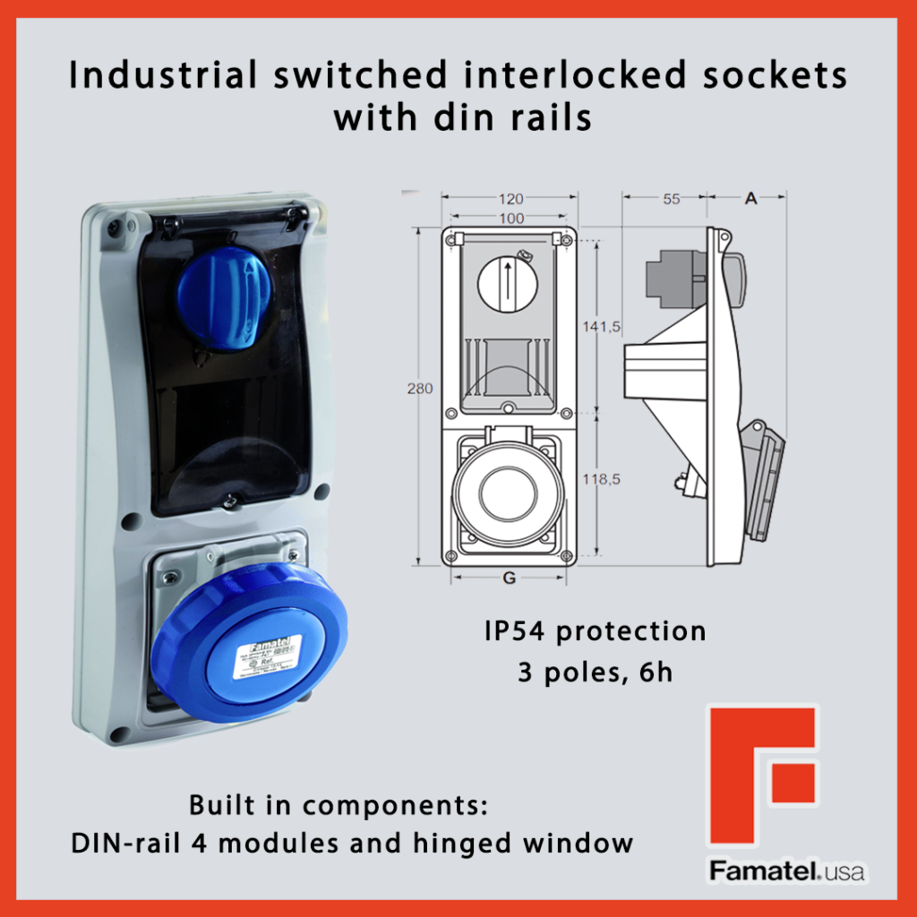 Industrial switched interlocked sockets with din rails