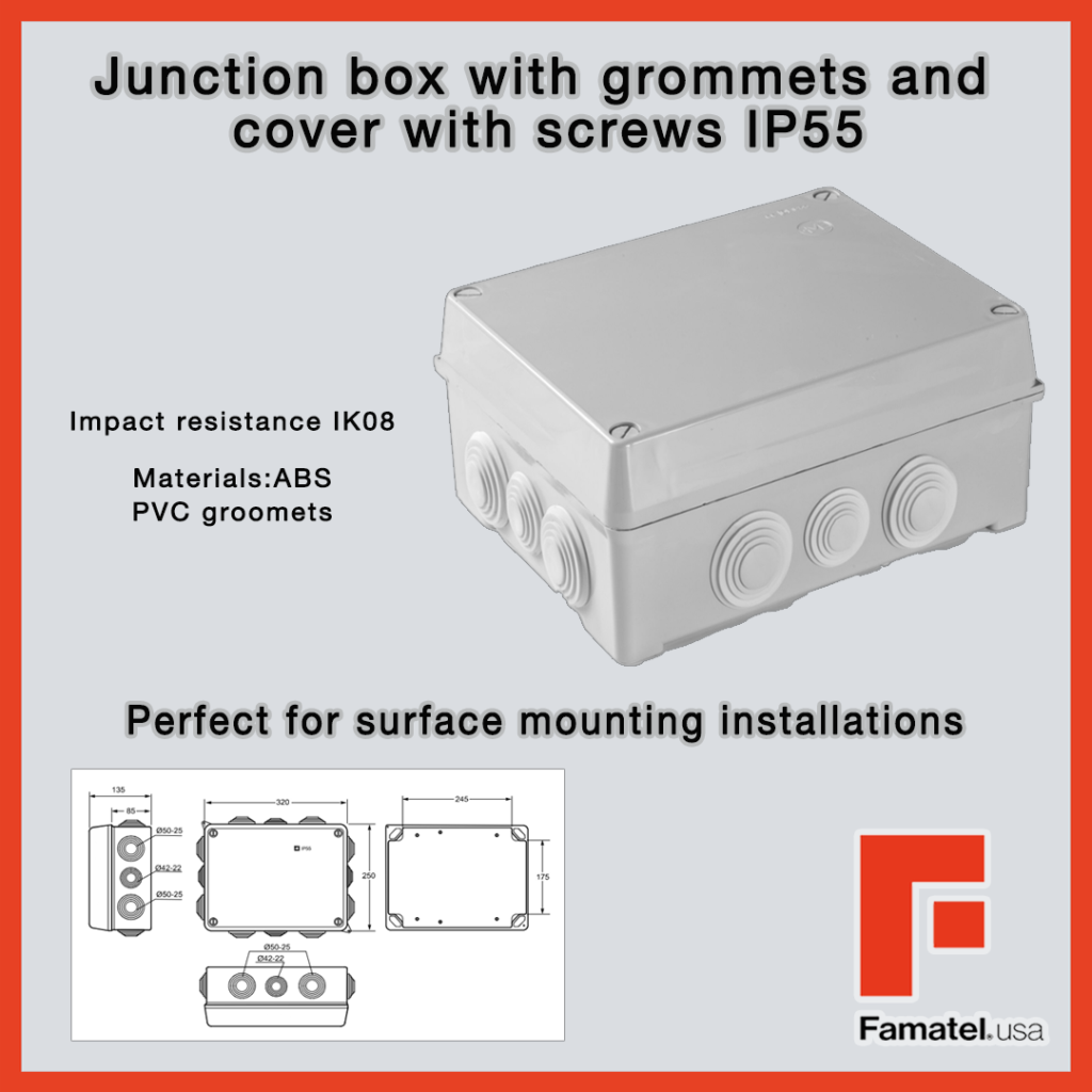 Junction box with grommets and cover with screws IP55